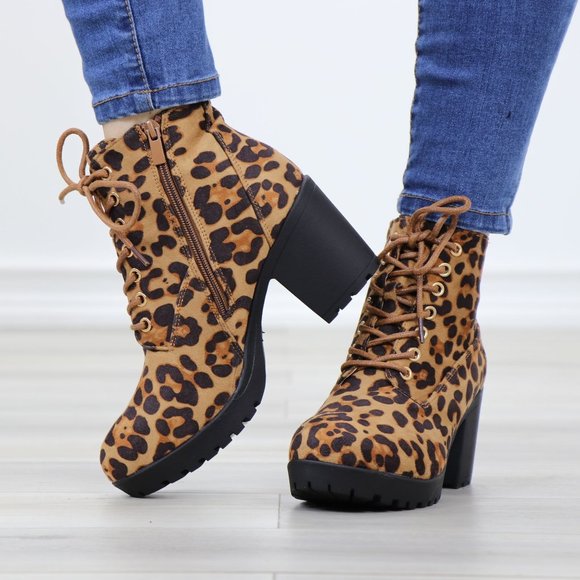 Lace-Up Lug Chunky Block High Heel Ankle Boots Leopard Faux Suede - Picture 11 of 12